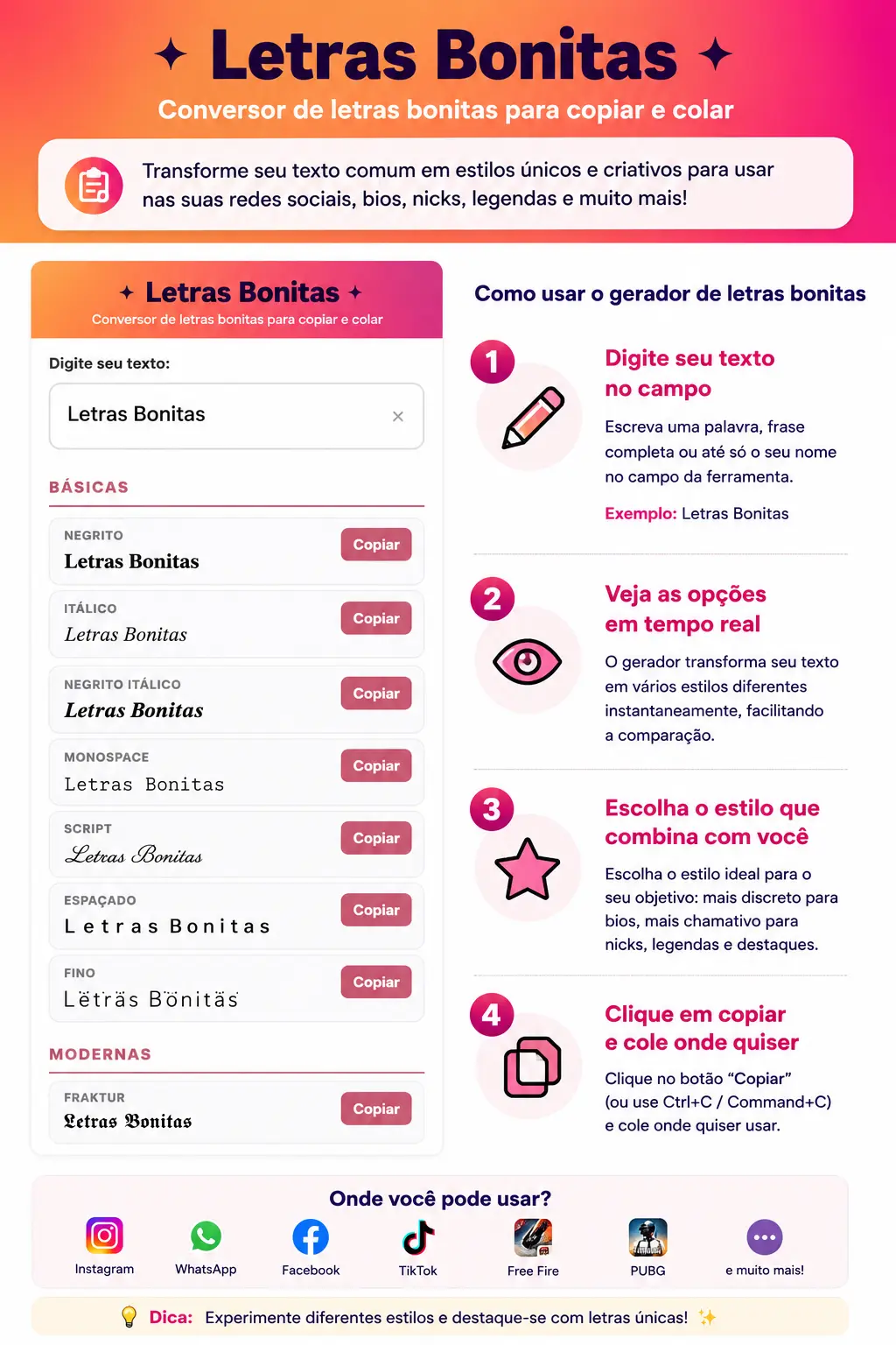 Letras bonitas para copiar e colar - exemplo visual de fontes estilizadas