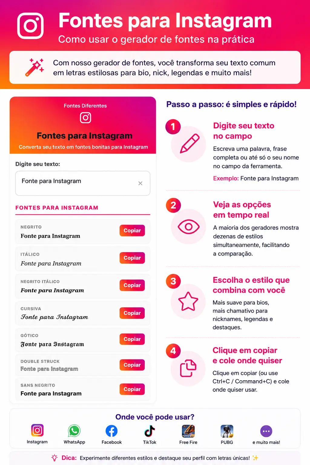 Exemplo visual de gerador de fontes para Instagram